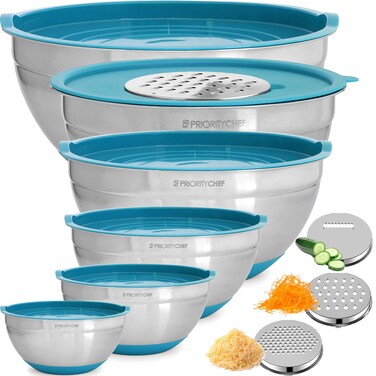 Priority Chef 6Pc Large Mixing Bowls With Lids Set with Non-Slip Bases, Stainless Steel Mixing Bowl Set, 6 Airtight Lids and 3 Graters, Turquoise