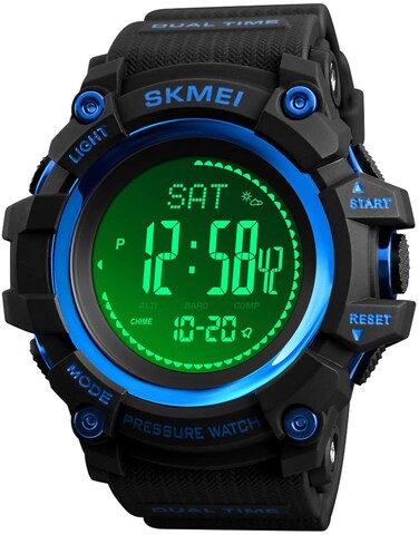 Compass, Altimeter, Barometer, and Thermometer Watch Survival Watch Outdoors Sport Fitness Digital Watch for Men (Blue)