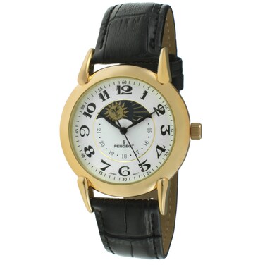 Peugeot Men's 14k Gold Plated Dress Watch - Vintage with Lunar Window and Crocodile-Embossed Leather Strap