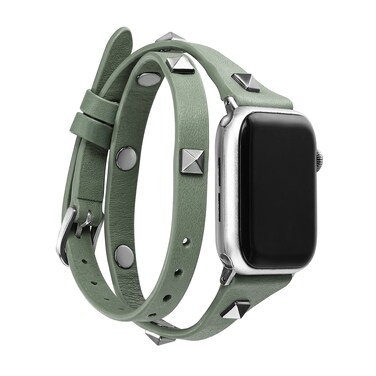 Fivoilin Leather Double Wrap Bracelet Compatible with Apple Watch Band 40mm 41mm 38mm for Women Men - Thin Double Tour Stud Apple Watch Strap for iWatch Band Ultra 2 Series 9 8 7 6 SE 5 4 3 2 1-Green