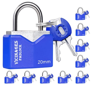 Layssa Padlock (10 Pack) Small Padlock with Key for Luggage Lock, Backpack, Gym Locker Lock, Suitcase Lock, Classroom Matching Game and More, 10 &times; Blue, 20 mm