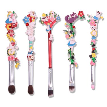 Alice in Wonderland Makeup Brush Set,5pcs Cute Alice Flower Makeup Brushes with Premium Synthetic Fiber and Metal Handle for Blush, Foundation, and Lips, Prefect Gift for Sister Teenager Girl
