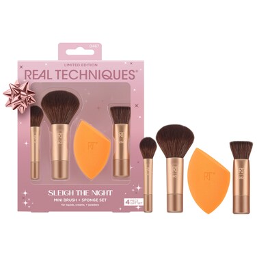 Real Techniques Sleigh The Night Mini Brush + Sponge 4 Piece Holiday Gift Set, Small Makeup Brushes For Travel, Makeup Sponge For Foundation &amp; Concealer, Stocking Stuffer, Limited Edition, Latex-Free