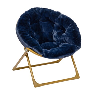 Flash Furniture Gwen Kids Cozy Mini Folding Saucer Chair - Navy Faux Fur Moon Chair - Soft Gold Metal Frame - 23" Portable Folding Chair For Living Room or Bedroom