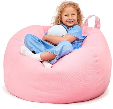 Stuffed Animal Bean Bag Storage (No Filler) - Machine Washable Kids Bean Bag Chair - Extra Large Pink Bean Bag Chair Cover Stuff Toys &amp; Soft Items - Stuffed Animal Holder for Girls -Pink Corduroy