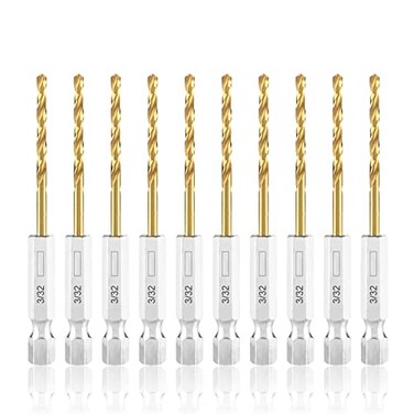 amoolo 3/32 Twist Drill Bit Set, 10Pcs Titanium HSS Hex Shank Impact Drill Bit Set for Metal, Steel, Wood, Plastic, Quick Change Design