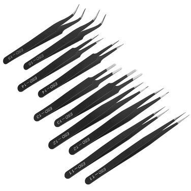 XINMEIWEN 10PCS Precision Tweezers Set Anti-Static Industrial Tweezers Set Stainless Steel Tweezers Kit for Electronics Lab Jewelry and Craft Making（Black）