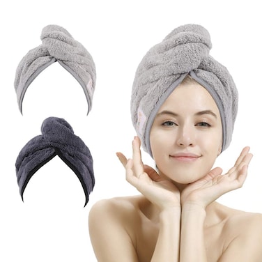 M-bestl 2 Pack Hair Drying Towels, Anti-frizz Hair Towel Wrap, Absorbent Microfiber Hair Towel Turban with Button Design for Straight Curly Hair (Dark Gray&amp;Light Gray)