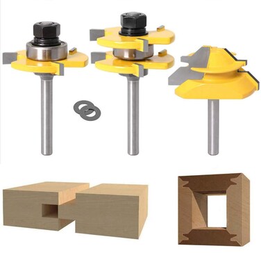Lock Miter 45 Degree Joint Router Bits + 2Pcs Tongue and Groove Set [1/4-Inch Shank], APLUS 45&deg; Lock Mitre Glue Joint Router Bit + Router Bit Set 3 Teeth T Shape, Wood Milling Cutter Woodworking Tool