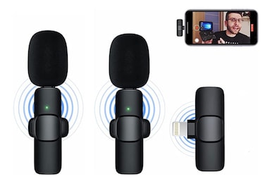 MMBGJKG Wireless Microphone for iPhone iPad, Professional Wireless Lavalier Microphone for Video Recording, Clip On Lapel Mic for YouTube/Interview/Vlog, Auto Sync and Noise Reduction (Black2)