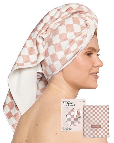 Kitsch XL Microfiber Hair Towel Wrap for Women - Microfiber Towel, Super Absorbent, Quick Dry, Anti-Frizz - for Long and Short Hairs, Turbans for Women, Wet and Curly Hair Wrap - Terracotta Checker