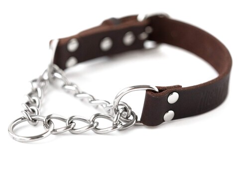 Mighty Paw Martingale Dog Collar - No Pull Design - Dog Collar for Pulling - Stainless Steel Training Collars- Limited Chain Cinch Training - Leather Collars for Dogs - Brown - Medium