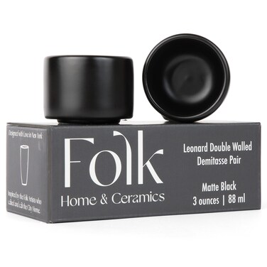 Folk Ceramics Leonard Ceramic Espresso Cups   Set of 2, 3oz, Matte Black   Modern Stackable Demitasse Mugs for Espresso   Thick Walled, Handleless, Durable, Dishwasher &amp; Microwave Safe