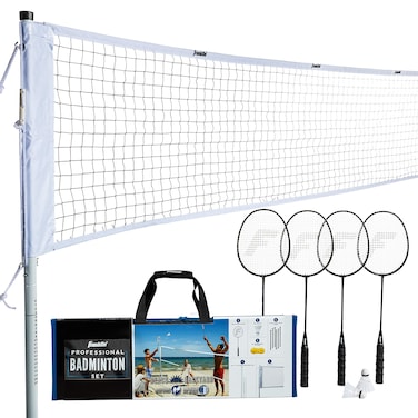 Franklin Sports Badminton Net Set - 4 Aluminum Rackets, 2 Birdies, Adjustable Net and Stakes - Backyard or Beach Badminton Set - Easy Setup - Professional