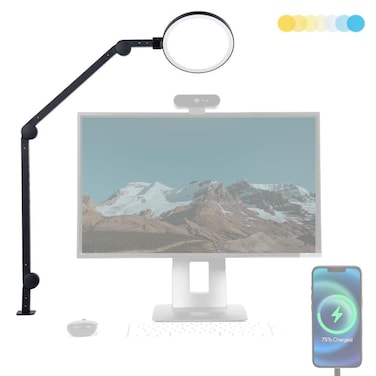 LUME CUBE Edge Light 2.0 LED Black Desk Lamp   Dimmable Home Office Desk Light with USB Charging Port &amp; Strong Swing Arm   Adjustable Color Temperature and Brightness   Circle Webcam Light