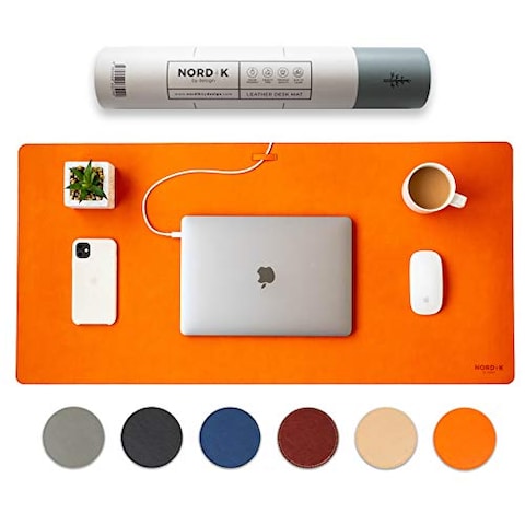 Nordik Leather Desk Mat Cable Organizer - Tangerine Orange 35 X 17 inch - Premium Extended Mouse Mat for Home Office Accessories - Non-Slip Vegan Leather Desk Pad Protector &amp; Desk Blotter Pad