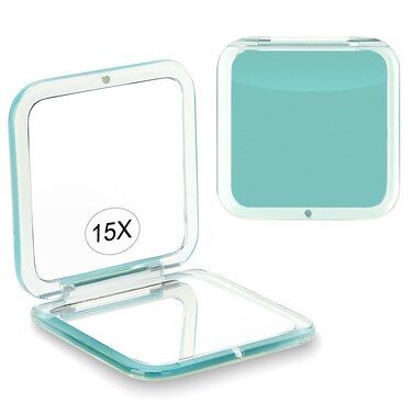 Compact 15X Magnifying Makeup Mirror for Travel, Small Pocket Mirror-Handheld, Foldable &amp; Portable 2-Sided with 15X Magnifying and 1X Mirror for Purses - Square 3.3 x 3.3 inch (Green)