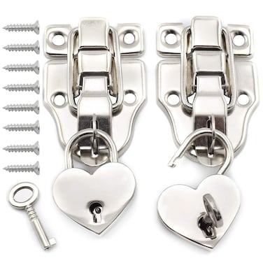 SDTC Tech Antique Cabinet Duckbilled Toggle Hasp Latch and Heart-Shaped Padlock Kit with Matching Screws for Jewelry Box Wooden Case Trunks Furniture Decoration - Silver (2x Toggle Latches + 2x Locks)