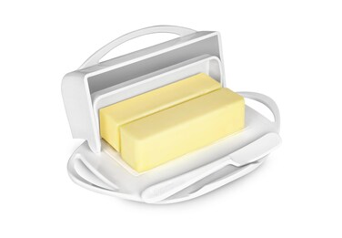 Butterie Flip-Top Butter Dish with Lid &amp; Matching Knife, Holds 2 Sticks/Kerrygold Butter, No-Mess Butter Holder, Shatterproof, Dishwasher Safe, White