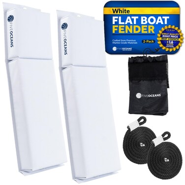 Five Oceans Contour Flat Boat Fender, Boat Fenders, Boat Bumpers for Docking, 2-Pack - 24-Inch, White, with 3/8-Inch x 5-Foot Fender Line and Convenient Storage Bag, Waterproof PVC Fabric - FO4614