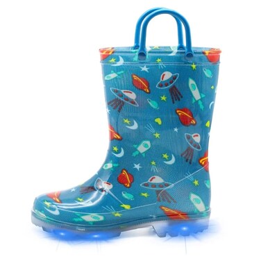 EUXTERPA Toddler-Kids Waterproof Light Up Rain Boots with Handles for Boys Little Kid size 2 Spaceship