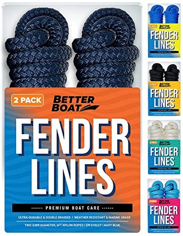 Boat Fender Lines, 3/8 Inch Double Braided Nylon Rope, 6 Ft with Loop, 2 Pack, Navy Blue, for Buoy, Jet Ski Mooring, Docking &amp; Small Boat Bumpers