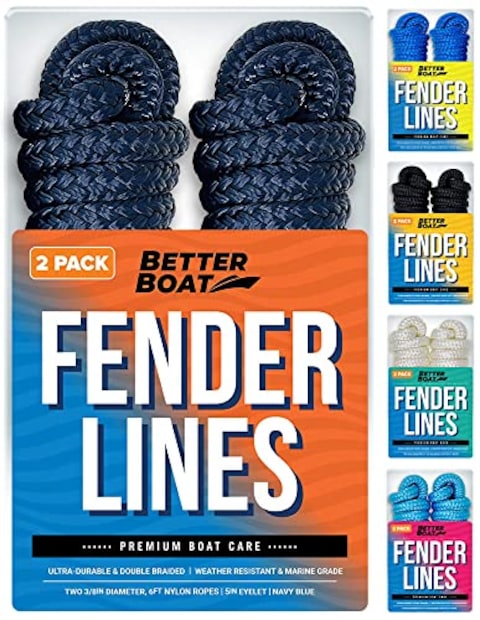 Boat Fender Lines, 3/8 Inch Double Braided Nylon Rope, 6 Ft with Loop, 2 Pack, Navy Blue, for Buoy, Jet Ski Mooring, Docking &amp; Small Boat Bumpers
