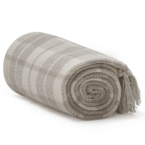 Americanflat 50x60 Cotton Throw Blanket for Couch with Fringe-Decorative Accent for Chairs, Bedrooms, Office and for Outdoor Use, Cream Beige Plaid