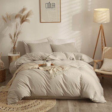 AMWAN Solid Beige Duvet Cover Queen Size Soft Washed Cotton Beige Bedding Sets Modern Style Boho Beige Comforter Cover Cotton Light Tan Duvet Quilt Cover Beige Color Bedding Collection