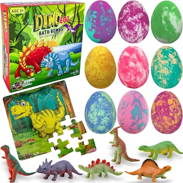 Bath Bombs for Kids with Surprise Toys Inside Plus Dinosaur Puzzle - Set of 9 Organic Dino Egg Bath Bombs with Rich Bubbles, Christmas Gift for Kids