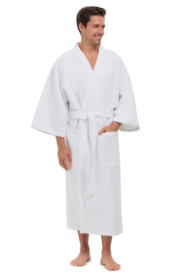 MONARCH Diamond Waffle Spa Kimono Robe - Soft Light Hotel Bathrobe Cypress (Large, White)