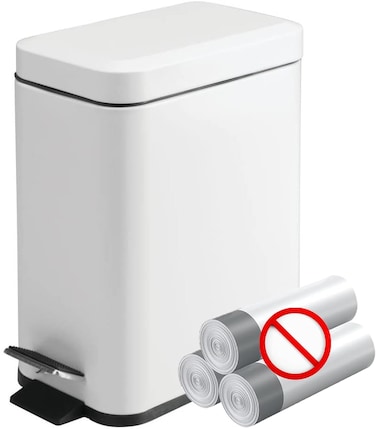 Homie Soft Close, Slim Trash Can 1.6 Gallon with Anti - Bag Slip Liner and Lid, Use as Mini Garbage Basket, Slim Dust Bin, or Decor in Bathroom, Restroom, Kitchen, or Bedroom (Shiny White)