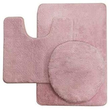 Fancy Linen 3pc Solid Non-Slip Bath Mat Set Bathroom U-Shaped Contour Rug, Mat and Toilet Lid Cover New # 6 (Light Pink)