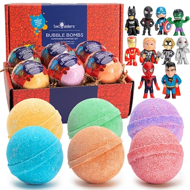 Superhero Bath Bombs for Kids with Surprise Toys Inside (6 Pack) - Large Bubble Bomb Fizzies for Boys &amp; Girls - Fruity Scents, Relaxing Aromas, USA Made, Ideal Birthday Gift by Two Sisters