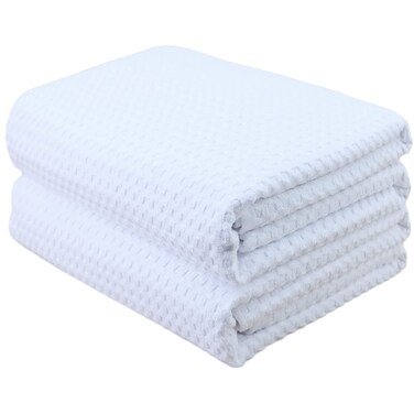 POLYTE Microfiber Oversize Quick Dry Lint Free Bath Towel, 60 x 30 in, Set of 2 (White, Waffle Weave)