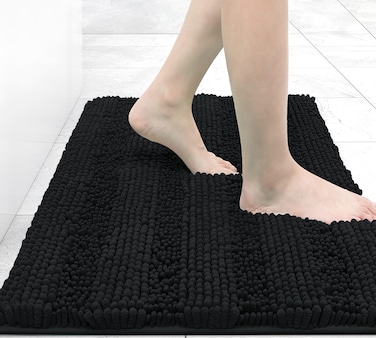 Grandaily Chenille Striped Bathroom Rugs 24x16, Extra Thick and Absorbent Bath Rugs, Non-Slip Soft Plush Shaggy Bath Carpet, Machine Wash Dry, Bath Mats for Bathroom, Black