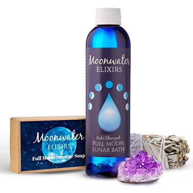 Full Moon Spiritual Bath Kit with Bath Oil, Sage Smudge Stick &amp; Smudge Soap - Cleanse, Clarify &amp; Recharge Your Energy, Aura Cleansing, Chakra Healing, Relaxation Rituals for Manifestation &amp; Meditation