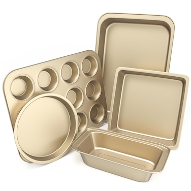 CasaCulina Baking Pans Set, 5-Piece Nonstick Bakeware Sets with Round/Square Cake Pan, Muffin Pan, Loaf Pan, Roast Pan, Baking Sheets for Oven, Kitchen Cookware Sets Baking Tray Baking Supplies,Gold