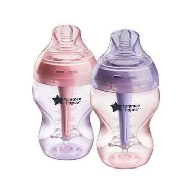 Tommee Tippee Baby Bottles, Advanced Anti-Colic Baby Bottle with Slow &amp; Medium Flow Breast-Like Nipple, 9oz, 0m+, Self-Sterilizing, Baby Feeding Essentials, Pack of 2