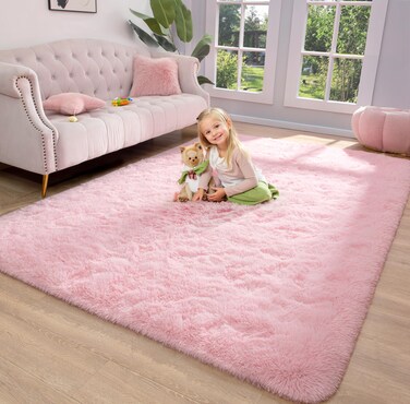 Keeko Premium Fluffy Pink Area Rug for Bedroom, 4x5.3 Cute Shag Fuzzy Rugs for Living Room Ultra Soft Shaggy Furry Carpet Modern Indoor Non Slip Princess Rugs for Girls Kids Nursery Home Room Decor