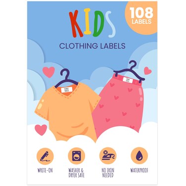 No-Iron Clothing Labels for Kids - Waterproof &amp; Self-Stick Name Labels for Clothes to Write on - All Purpose Labels for Camp, Daycare, Nursing Home, Sleepaway - Washer &amp; Dryer Safe, Pack of 54