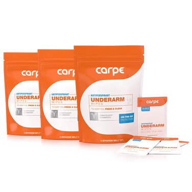 Carpe On-the-Go Antiperspirant Underarm Wipes (Pack of 3 Boxes) for Sweat Blocking, Deodorizing, and Cleansing When You're On the Move - 45 Residue Free, Individually Wrapped Wipes