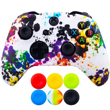 9CDeer 1 Piece of SiliconeTransfer Print Protective Cover Skin + 6 Thumb Grips for Xbox One/S/X Controller Cartoon Paints