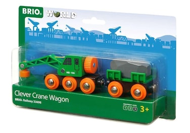 BRIO World 33698 - Clever Crane Wagon Set - 4 Piece Wooden Toy Train Set for Kids   Imaginative Play   Compatibility with Other Sets   FSC-Certified Wood