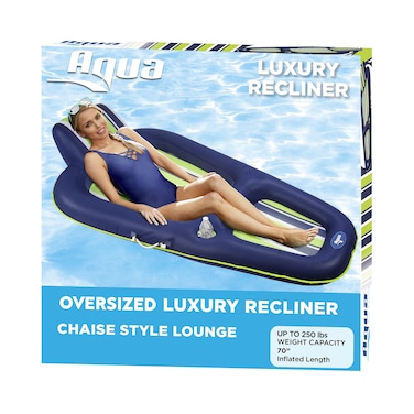 Aqua Luxury Pool Float Lounge &ndash; Extra Large &ndash; Heavy Duty, Inflatable Pool Floats for Adults with Headrest, Backrest, Footrest &amp; Cupholder &ndash; Navy/Green/White Stripe