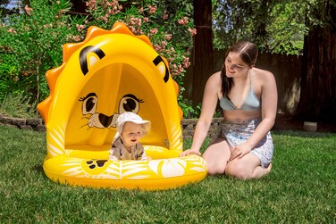 Poolmaster Inflatable Swimming Pool Kiddie Pool with Sun Shade, Baby Lion Small