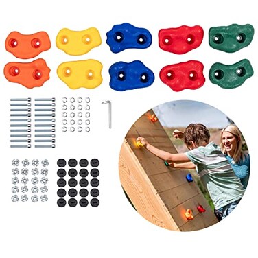 Squirrel Products Kids Rock Climbing Holds Indoor &amp; Outdoor Playground Accessories Rock Wall Climbing Kit with Mounting Hardware - 10 Pack with Patented Safety Plugs