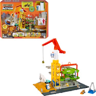 Matchbox Toy Cars &amp; Playset, Action Drivers Epic Construction Yard, 20-in Tall Working Crane &amp; 1:64 Scale Back Hoe &amp; Accessories