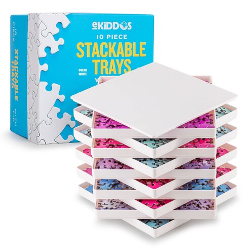 10 Puzzle Sorting Trays with Lid   Portable Puzzle Accessories Black Color Makes Pieces Stand Out to Better Sort Patterns, Shapes and Colors   for Puzzles Up to 2500 Pieces (White)
