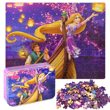 LELEMON Princess Puzzles in a Metal Box 100 Piece Long Hairs Princess Jigsaw Puzzle for Kids Ages 4-8 Children Learning Educational Puzzles Toys